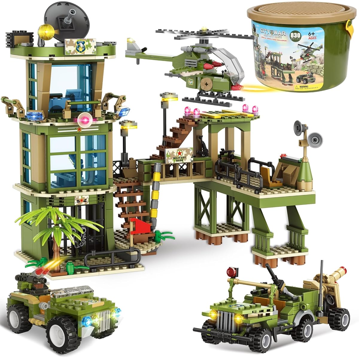 Army Station Military Base Building Blocks Set Fire Attack Toy Set Military Truck Army Vehicle Airplane with Portable Storage Bucket Urban War Role Play Toy Gift for Kids Boys 6-12 Years Old