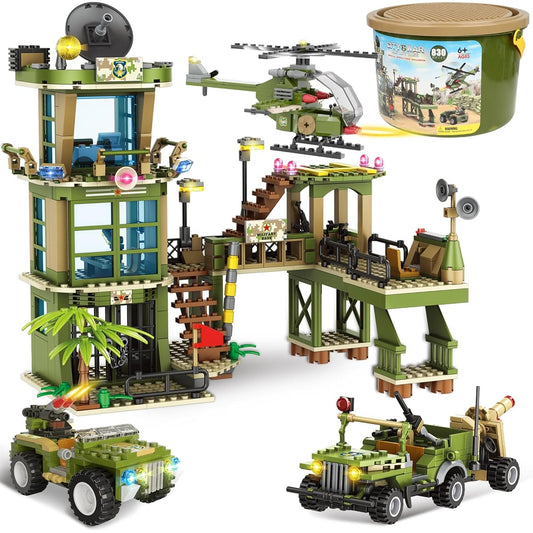 Army Station Military Base Building Blocks Set Fire Attack Toy Set Military Truck Army Vehicle Airplane with Portable Storage Bucket Urban War Role Play Toy Gift for Kids Boys 6-12 Years Old