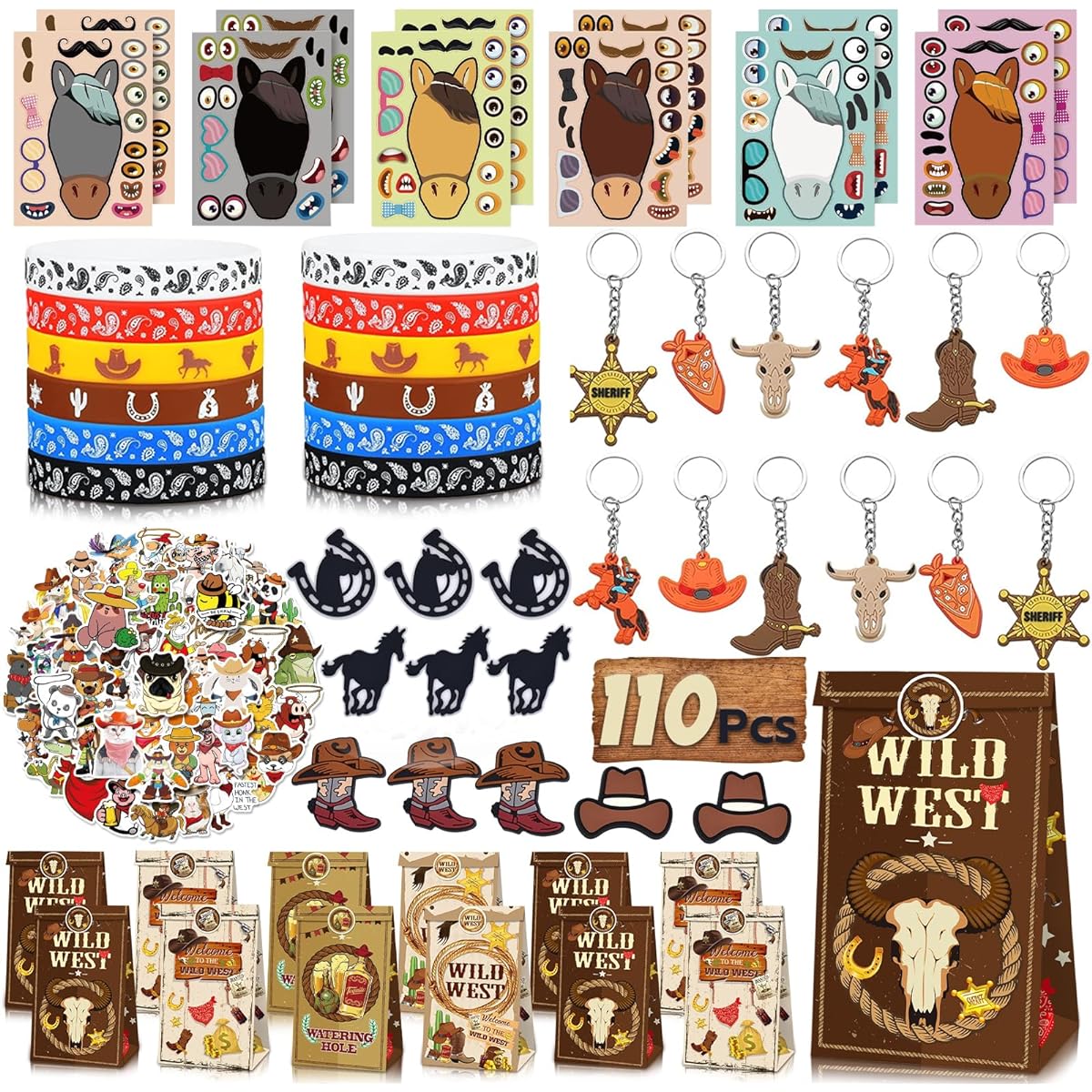 Cowboy Party Favors, 110 Pcs Western Cowboy Goodie Bag Stuffers - Gift Bags, Key Chains, Make Your Own Horse Stickers, Cowboy Stickers, DIY Brooches, Bracelets. Cowboy Birthday Party Supplies, Great for Boys