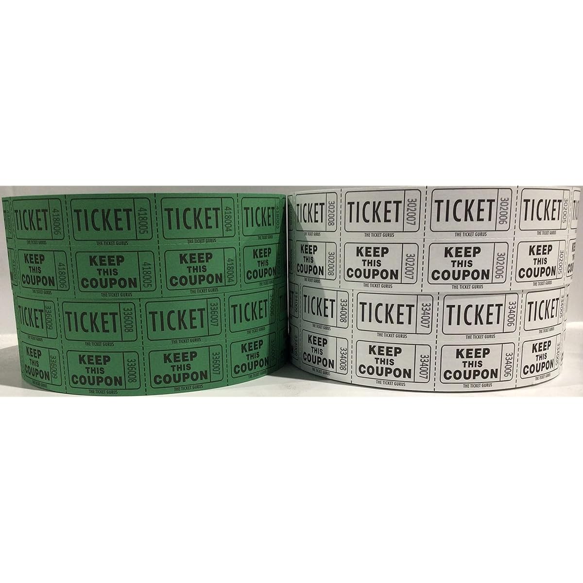 The Ticket Gurus Raffle Tickets – (4 rolls of 2000 double tickets) Total 8,000 50/50 raffle tickets (2 Green & 2 White)