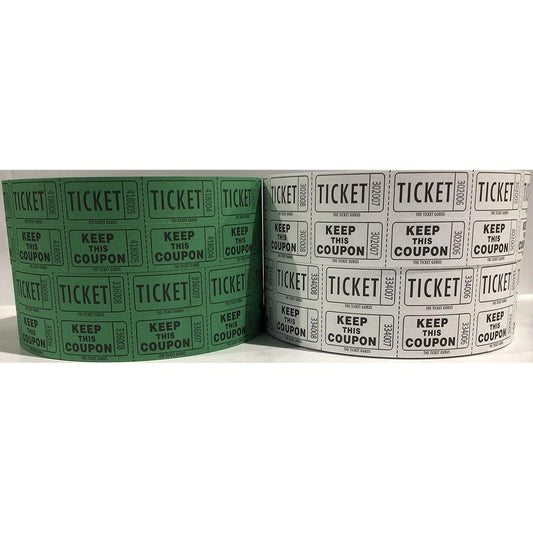 The Ticket Gurus Raffle Tickets – (4 rolls of 2000 double tickets) Total 8,000 50/50 raffle tickets (2 Green & 2 White)