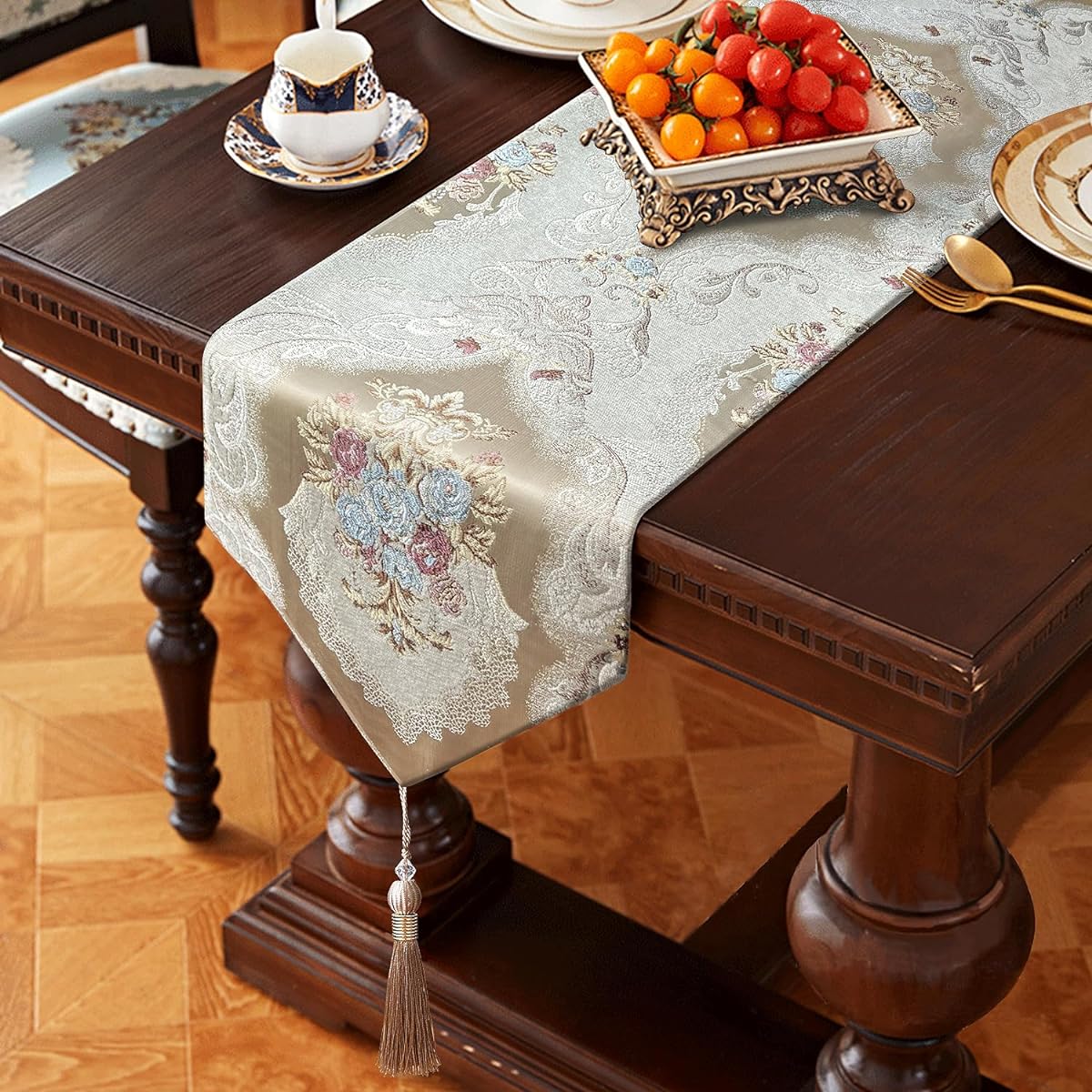HeMiaor Chenille Jacquard Thick Table Runner with Delicate Tassels for Conference Decoration and Dining Table, Retro Embroidery Pattern for Christmas Festival Wedding Decoration, Beige, 60" Length