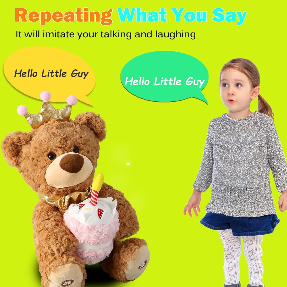 Marsjoy Musical Happy Birthday Teddy Bear with Glowing Cupcake Anime Plush Singing Dancing Talking Plush Bear Repeat What You Say Recording Toy Stuffed Toy Girl Gift for Kids