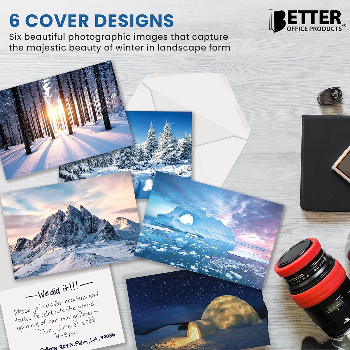 Better Office Products 50 Pack Greeting Cards - Winter Scenery Note Cards for Various Occasions, Includes Envelopes, 4 x 6 inches, 6 Coldscape Snow Designs, Blank Inside
