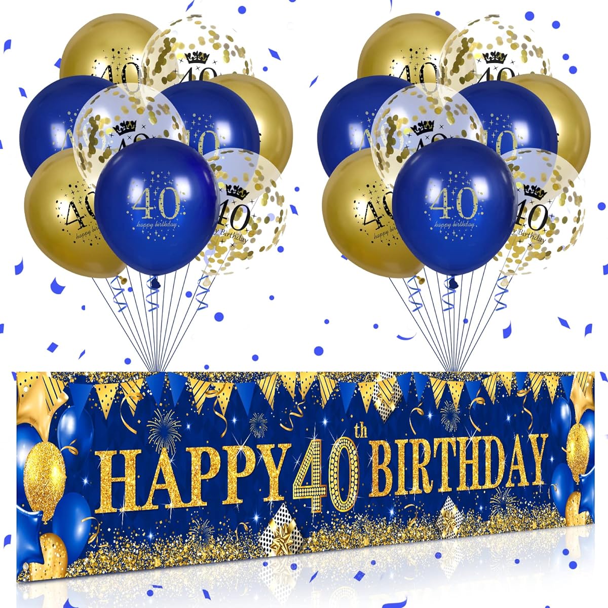 40th Birthday Decorations for Men Women Blue and Gold Navy Blue Gold Birthday Yard Banner 40th Latex Inflatable Transparent Confetti Birthday Balloons 40th Anniversary Party Indoor Outdoor Supplies