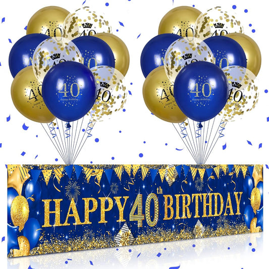 40th Birthday Decorations for Men Women Blue and Gold Navy Blue Gold Birthday Yard Banner 40th Latex Inflatable Transparent Confetti Birthday Balloons 40th Anniversary Party Indoor Outdoor Supplies