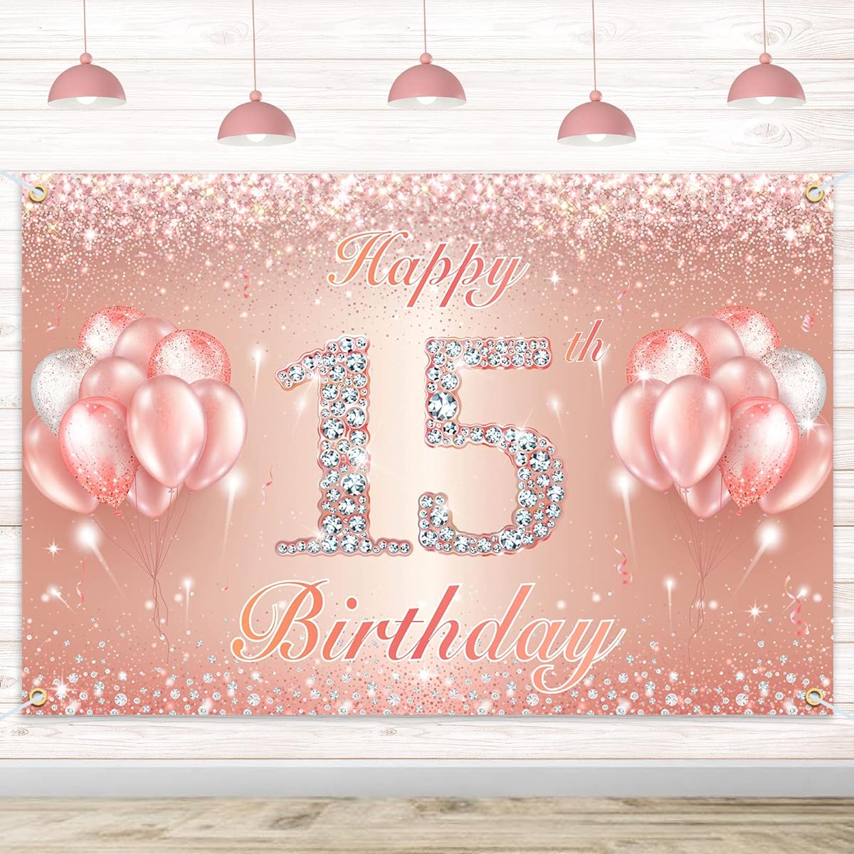 Happy 15th Birthday Banner Backdrop - 15th Birthday Party Decorations Supplies for Girls and Boys - Rose Gold 4 x 11 ft