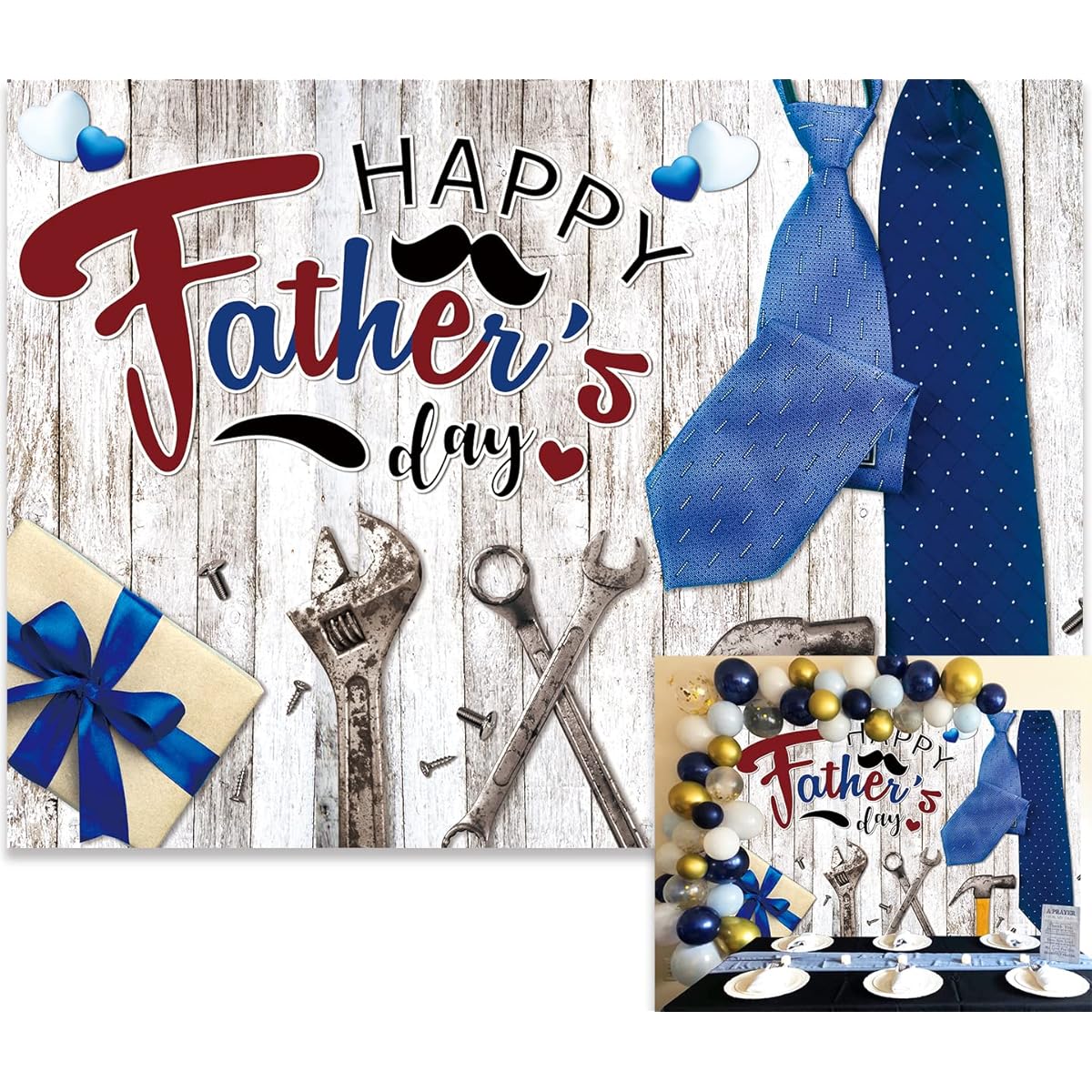 BINQOO Father's Day White Wooden Wall Backdrop Tie Fastening Tool for Father's Day Background Best Dad Father's Day Celebration Party Banner Family Photo Supplies (White, 7x5ft)