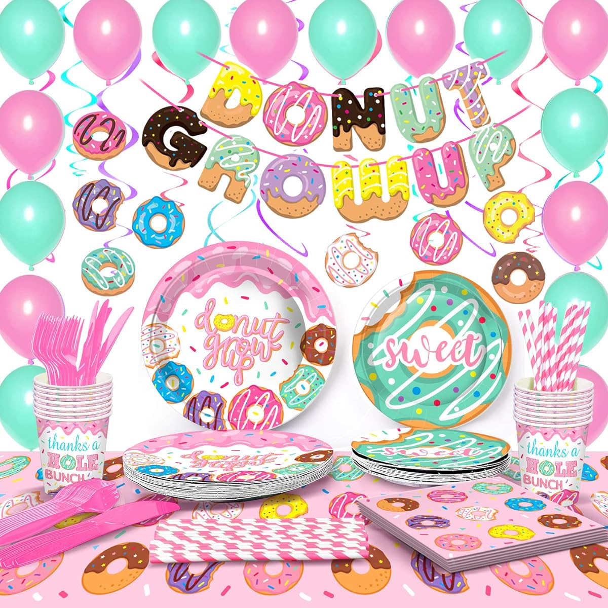 TMCCE Donut Party Supplies Kit, Donut Growing Up Birthday Party Supplies, Donut Paper Plates, Cups, Napkins, Straws, Donut Swirls, Balloons, Donut Party, Pusheen Party, 1st Birthday, Baby Shower, for 16 Guests