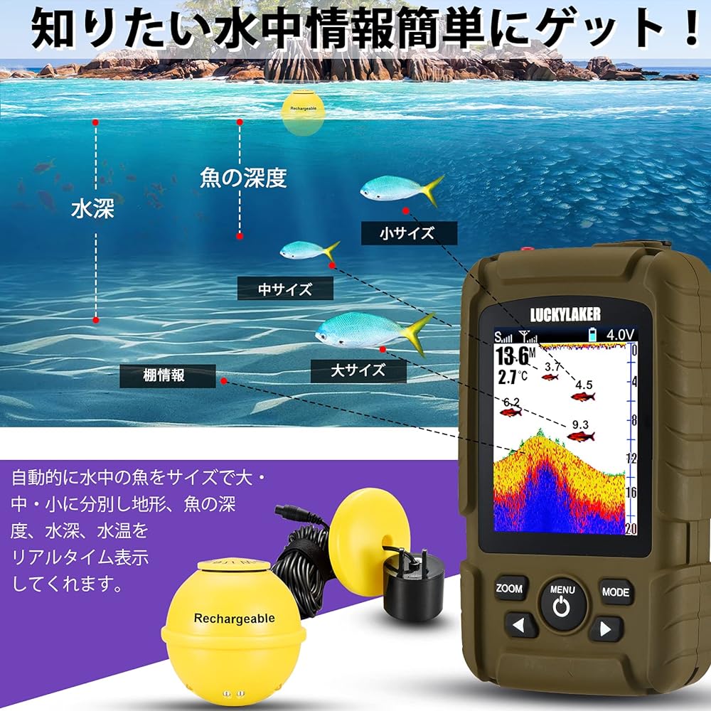 LUCKYLAKER Wireless Sea Fishing Portable Fish Finder Embankment Small Waterproof Fish Finder Kayak Smelt Smelt Fishing Bass Fishing