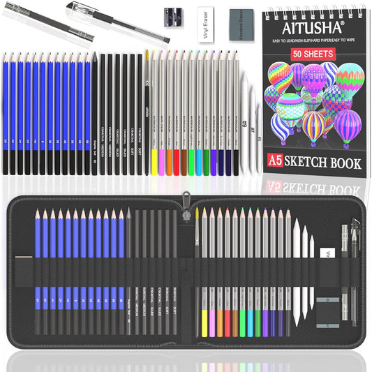 AITUSHA 42-Piece Drawing & Sketching Kit, Comprehensive Art Set for Artists, Watercolor Pencils, Sketching Kit, 50 Pages Sketchbook, Black Zipper Case, Perfect Gift for Artists