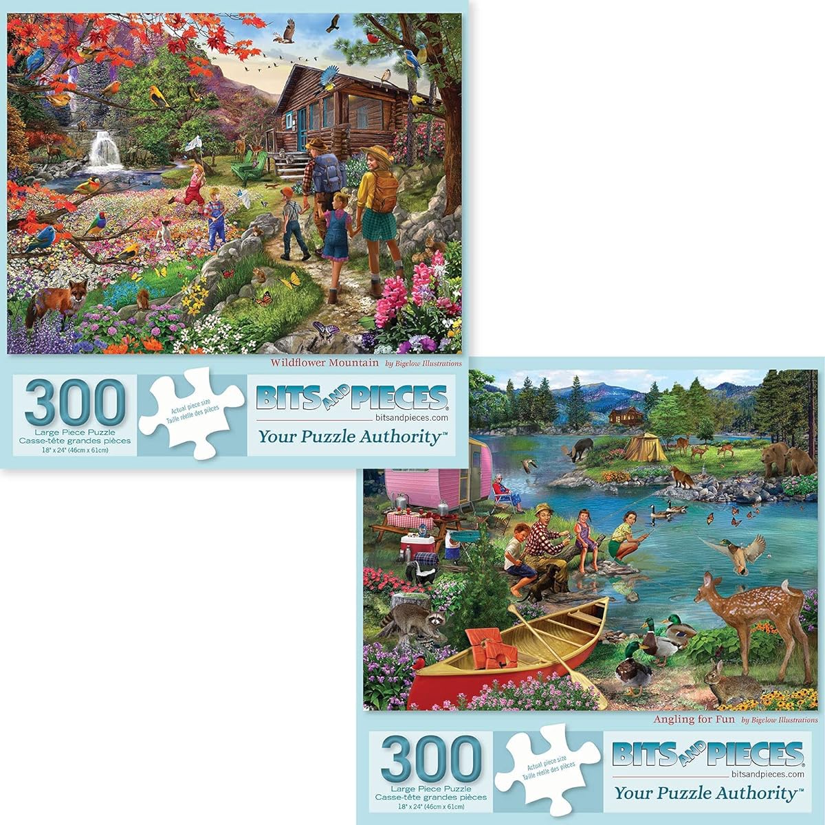 Bits and Pieces - Set of 2 300 Piece Jigsaw Puzzles for Adults - Puzzle Dimensions 18" x 24" - 300 Piece Wildflower Mountain Fun Fishing Jigsaw by Artist Bigelow Illustrations
