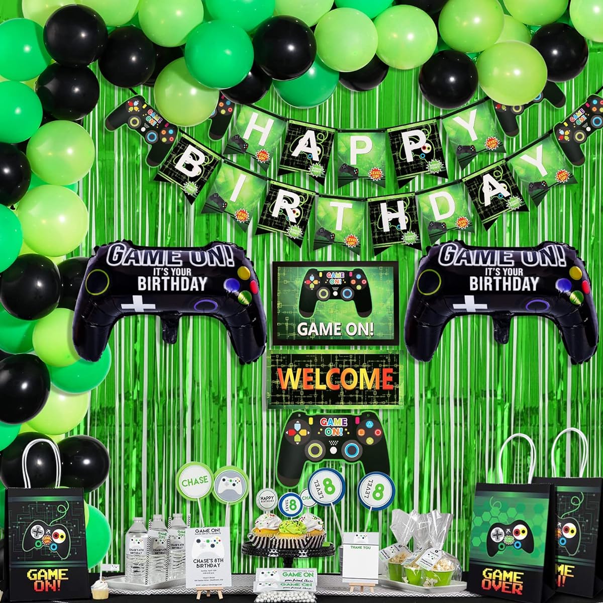 Garma Video Game Party Supplies Gamer Birthday Decorations for Boys, Green Black Balloons, Garland Arch Kit, Banner, Hanging Sign, Green Foil Fringe Curtain, Gamepad Balloon