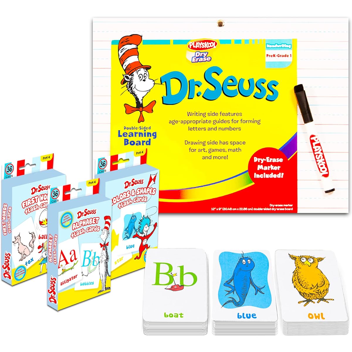Dr. Seuss Flash Cards Super Set for Toddlers Kids - 144 Cards (4 Packs) with Dry Erase Board (Dr. Seuss ABC Flash Cards, Number Flash Cards, Colors and Shapes, First Words) with Stickers