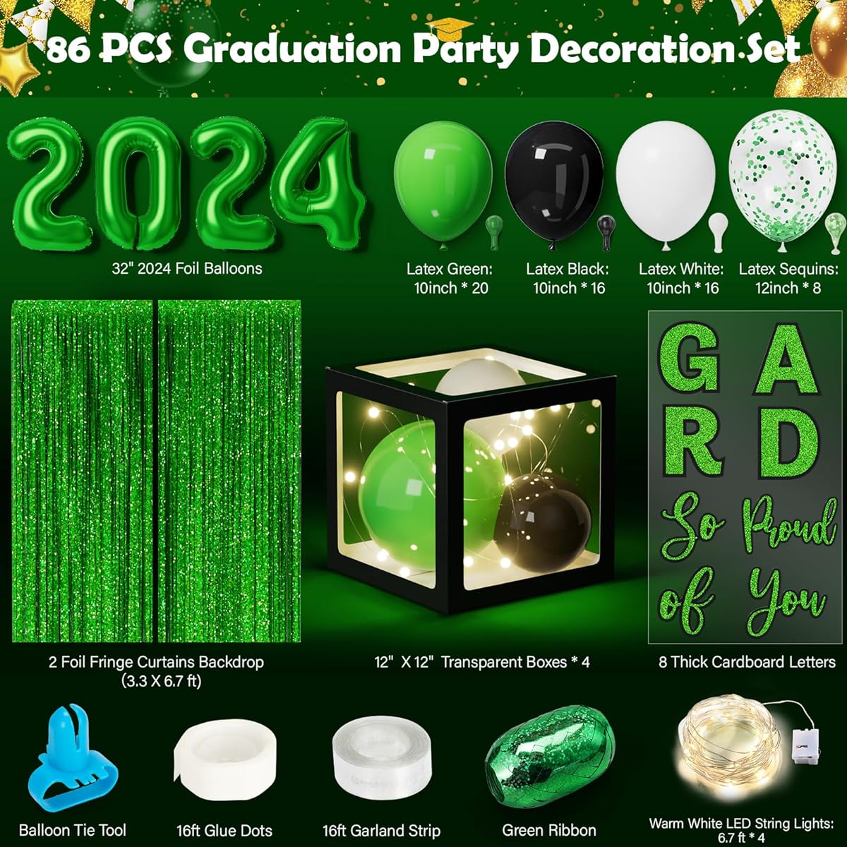 2023 Graduation Party Supplies - Graduation Decorations with LED Light String Balloon Box with Congrats Grad & Proud of You 2023 Graduation Decorations - Black Green