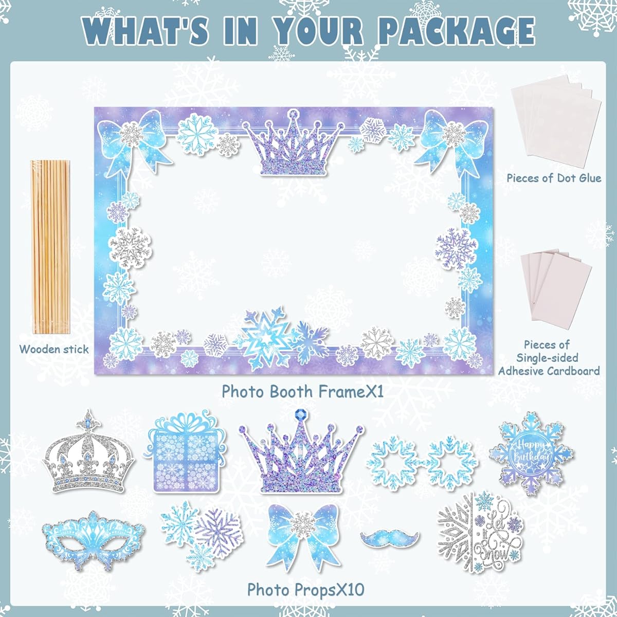 Frozen Snowflake Photo Booth Props Winter Wonderland Christmas Selfie Props with Photo Frame for Boys Girls Winter Snowflakes Frozen Birthday Christmas Holiday Party Decoration Supplies