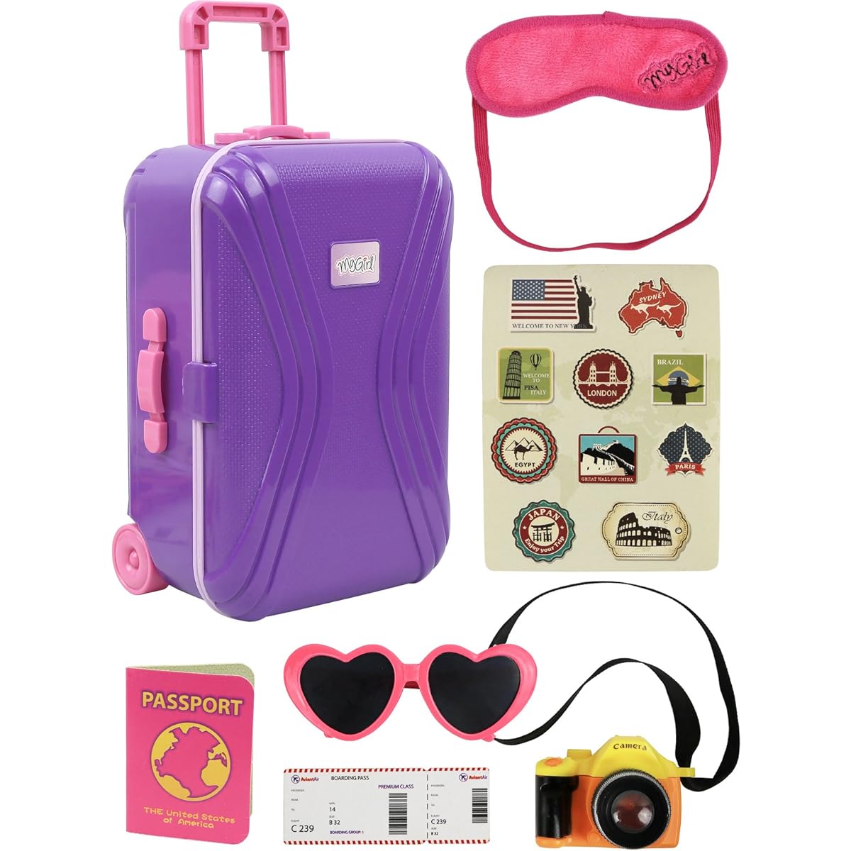 Click N' Play 18" Doll Travel Carry-On Suitcase Luggage 7 Piece Set with Travel Gear Accessories Photo Camera Sunglasses Passport Pretend Play for Kids Doll Not Included
