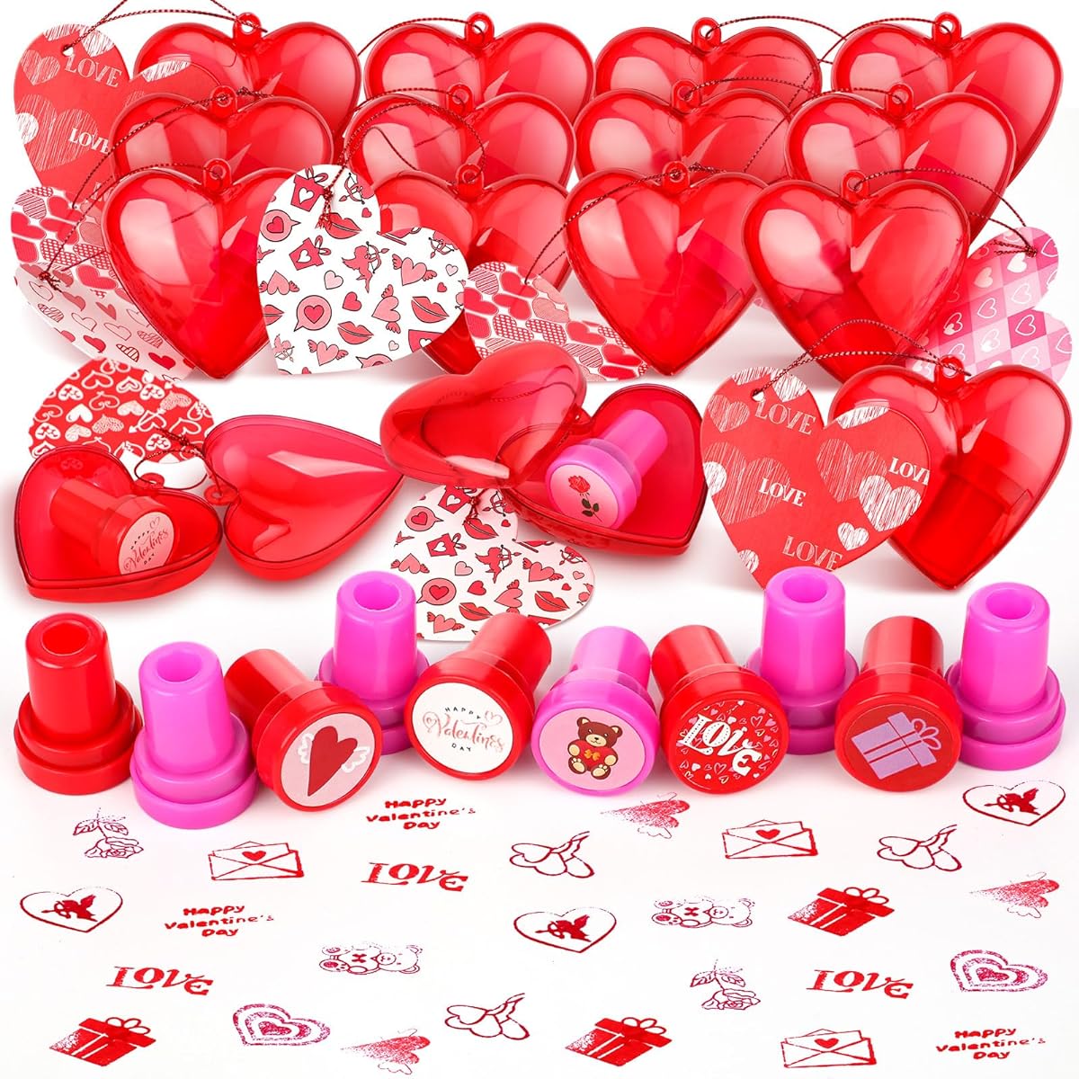 Dispowreath 144 Pieces Valentine's Day Stamps for Kids, 48 Valentine's Day Stamps, 48 Valentine Hearts Candy Box Cases, 48 Valentine's Day Cards, Valentine Exchange Gifts