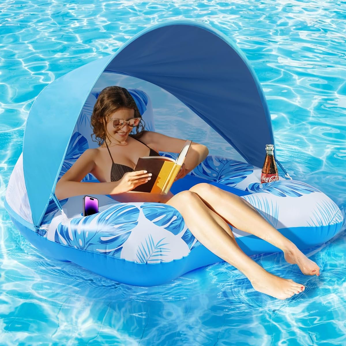 KIZJORYA Pool Float with Canopy, Inflatable Pool Float Chair for Adults Gift Swimming Floating Pool Lounge with Cup Holder, Adjustable Sunshade, UPF50+, Beach Pool Party, Leisure, Water Toys (Blue)