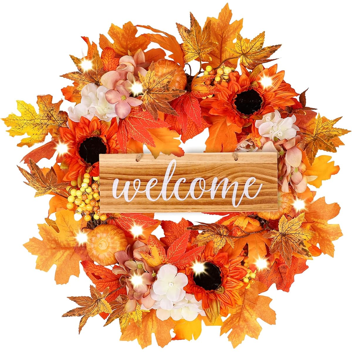 Whaline Fall Wreath Wood Sign Front Door Harvest Welcome Sign Pre-Lighted LED Artificial Maple Leaves Pumpkin Fall Wreath Thanksgiving Fireplace Wall Home Decor