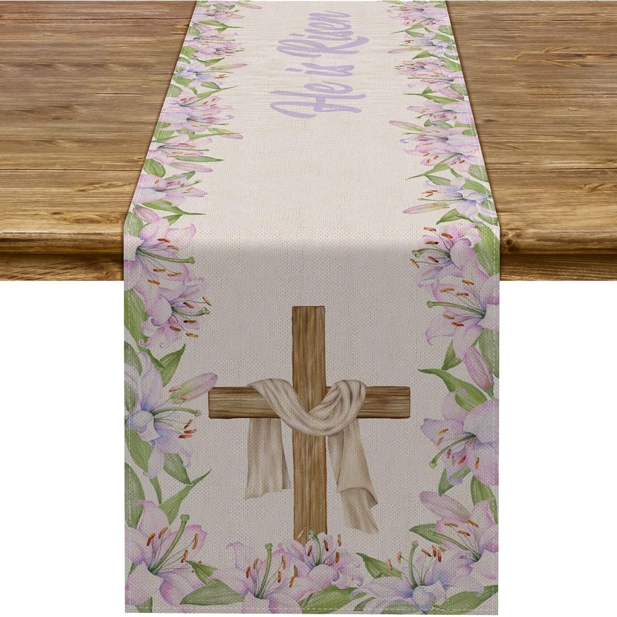 Pudodo He is Risen Table Runner Easter Christian Cross Resurrection Lily Flower Spring Holiday Party Kitchen Dining Home Decor