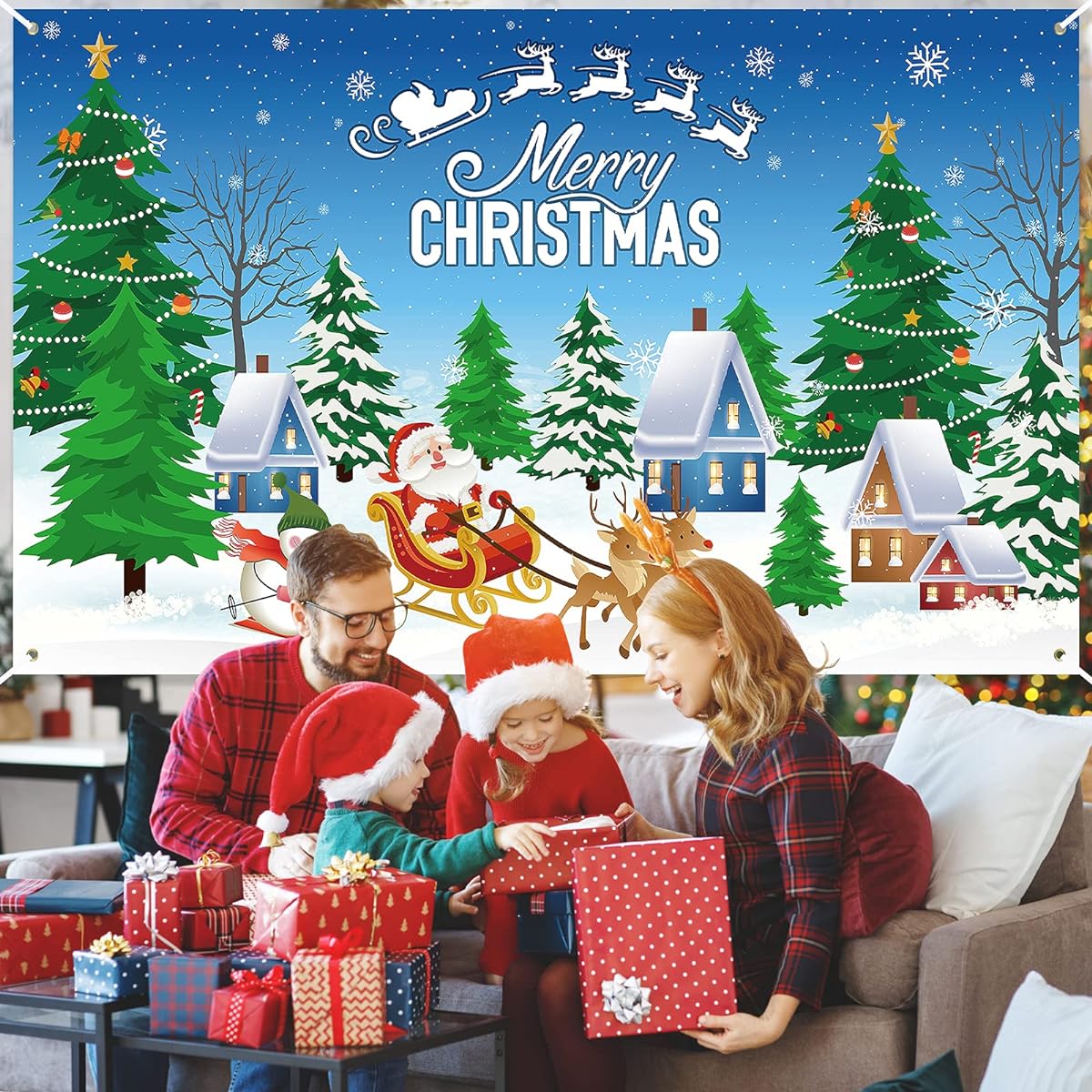 Merry Christmas Banner Backdrop,Extra Large Christmas Background Banner with Santa Claus and Snowman Christmas Photo Backdrop Wall Decor Holiday Indoor Party Supplies 6x4ft Blue