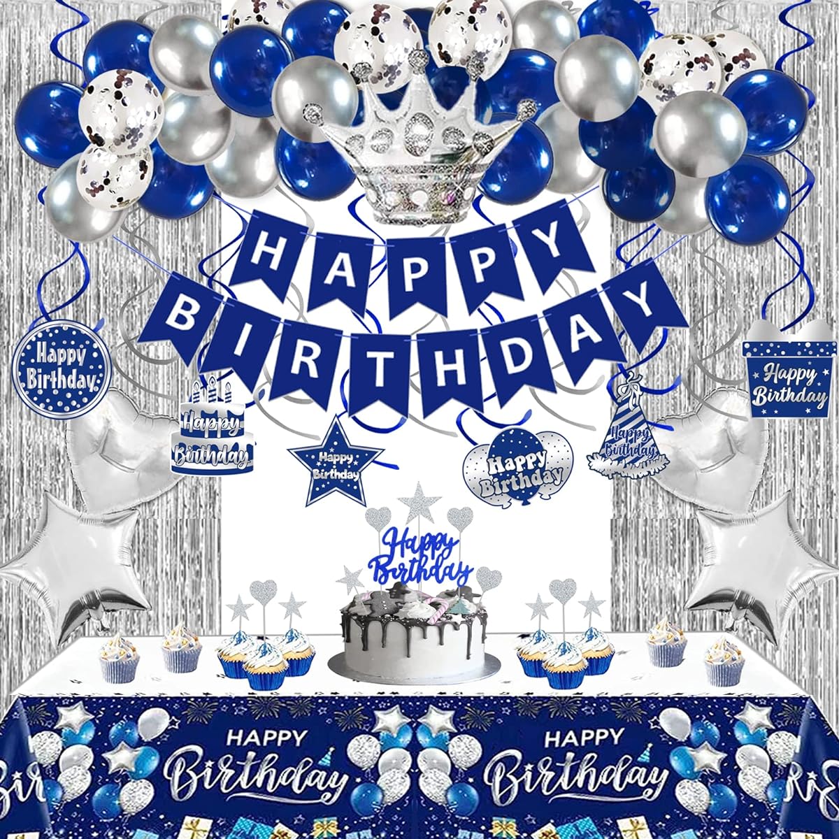 Birthday Decorations for Men Navy Blue Silver Happy Birthday Banner Birthday Balloons