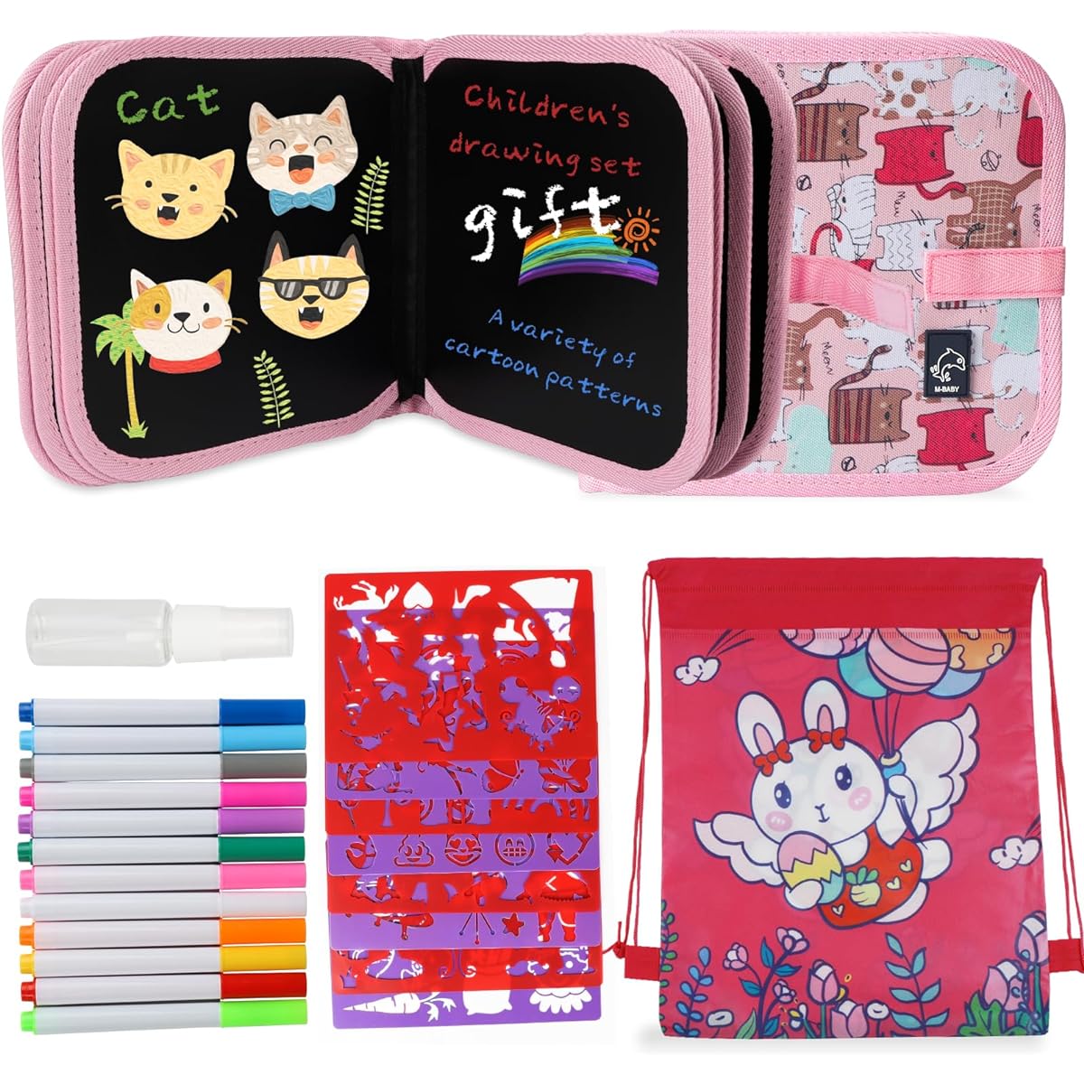 Erasable Doodle Book Set for Kids, 14 Pages Portable Reusable Drawing Board with 100+ Drawing Templates, Kids Travel Activity Book for Toddlers Activities, Travel, Learning (Cat Pink)