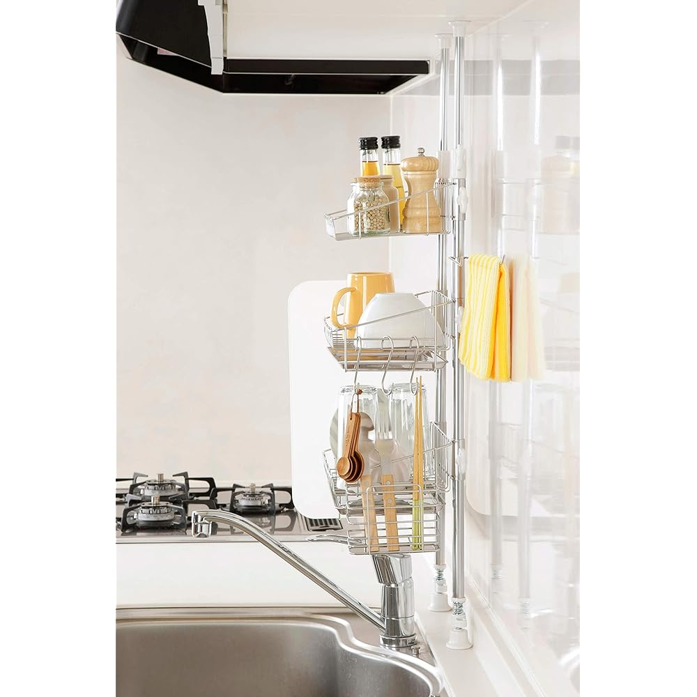 Made in Japan that won't damage the kitchen, tension multi-rack, height adjustable, around the sink neatly (external width 37.5cm, 3 tiers)