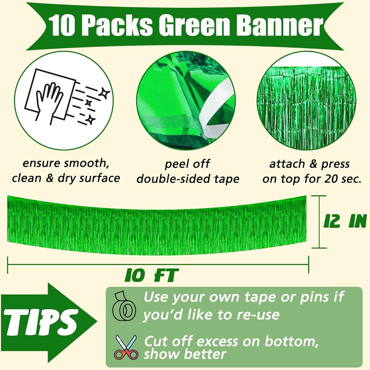 10ft Foil Fringe Garland Metallic Tassel Banner Wall Hanging Tinsel Streamers Backdrop for Parade Floats Green