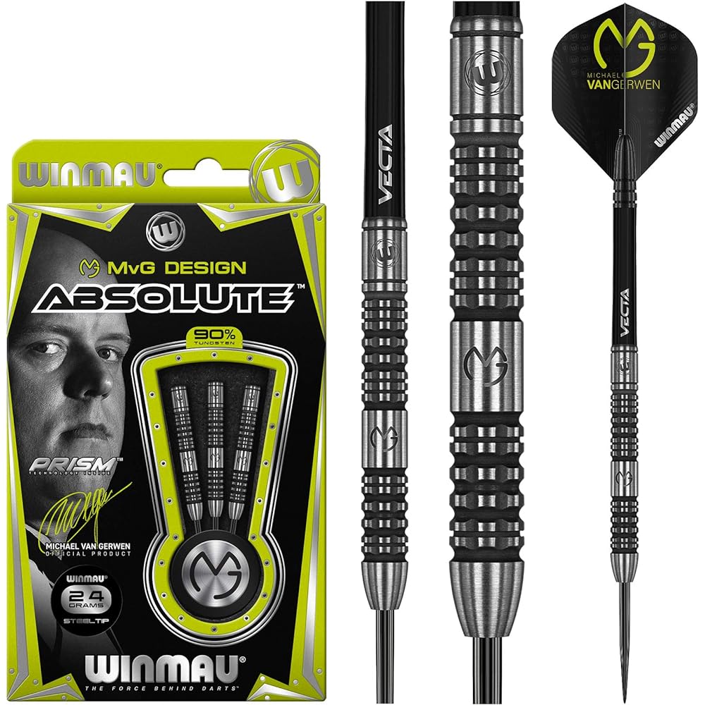 WINMAU Michael van Gerwen MvG Absolute Tungsten Steeltip Darts Set 24g with Prism Flights and Vecta Shafts (Stems) 1442-24