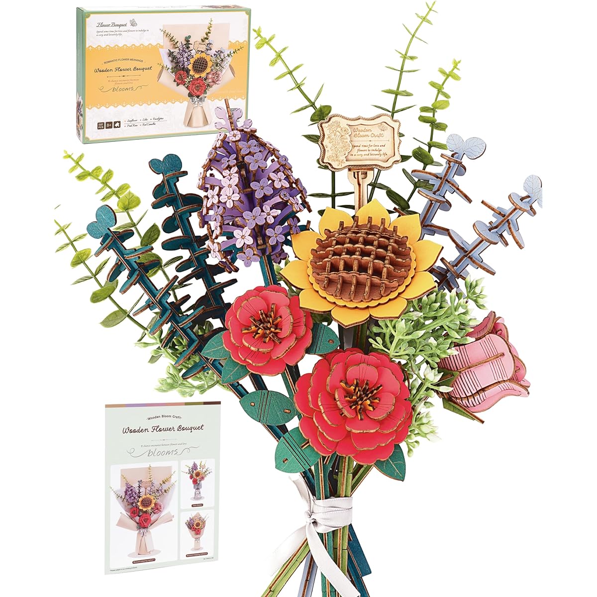 Wowood 3D Wooden Puzzle Flower Bouquet Model Kits Building Set for Adults Wooden Flower Building Toys Botanical Collection Creative Gift Ideas Home Decoration (Sunflower/Red Camellia/Pink Rose/Lilac)