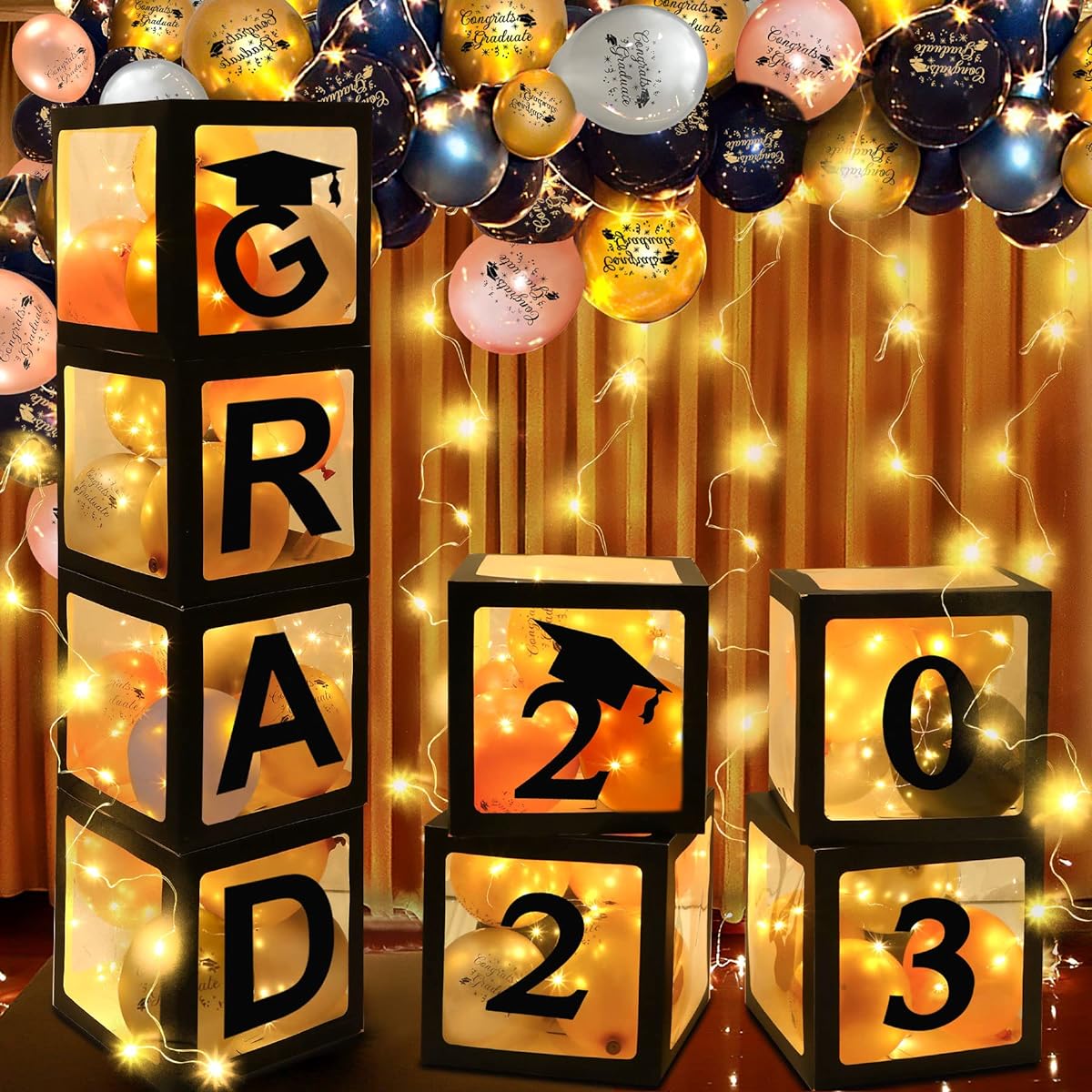 Graduation Box Decorations 4 Pieces 2022 Graduation Balloon Box with Letters "Graduation" "2023" 24 Balloons and 4 Light Strings for 2022 Graduation Party Decorations