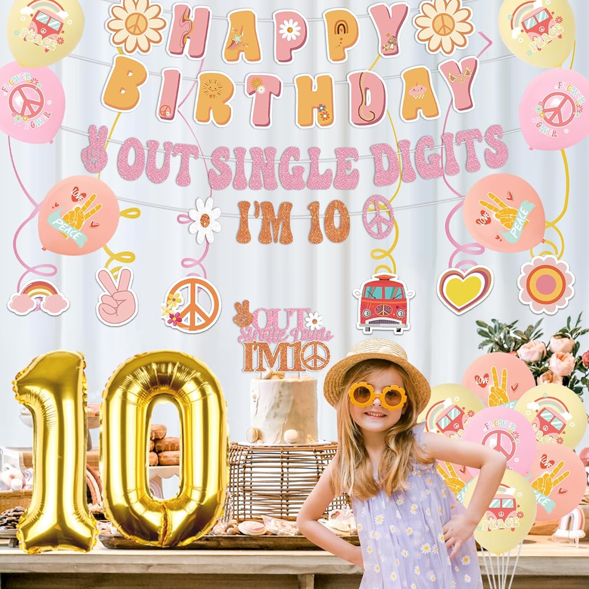 Boho 10th Birthday Decorations for Girls - Groovy Retro Hippie Boho Birthday Party Decorations Kit No 1 Digit I'm 10 Banner Garland Foil Balloon Party Supplies for 10 Year Old Girls