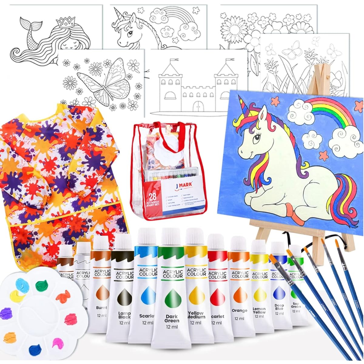 J Mark Kids Girls Art Set - 28 Piece Acrylic Paint Supplies Kit with Storage Bag, 12 Washable Paints, Scratch-Free Paint Easel, 6 Stencil Canvases, 8 x 10 Inch, 5 Brushes, 10 Well Palettes