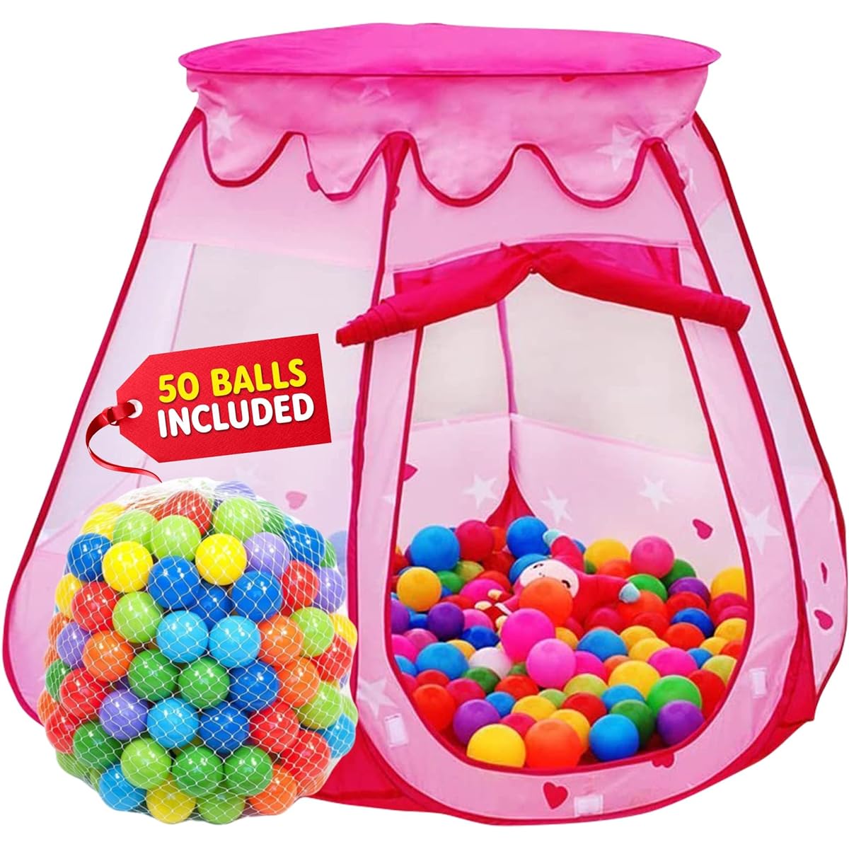Playz Ball Pit Tent Princess Castle Play Tent for Girls with Glow in the Dark Stars – Pop Up Kids Indoor Play Tent for Indoor & Outdoor Use Beautiful Playland Playhouse Tent with Zippered Storage Case