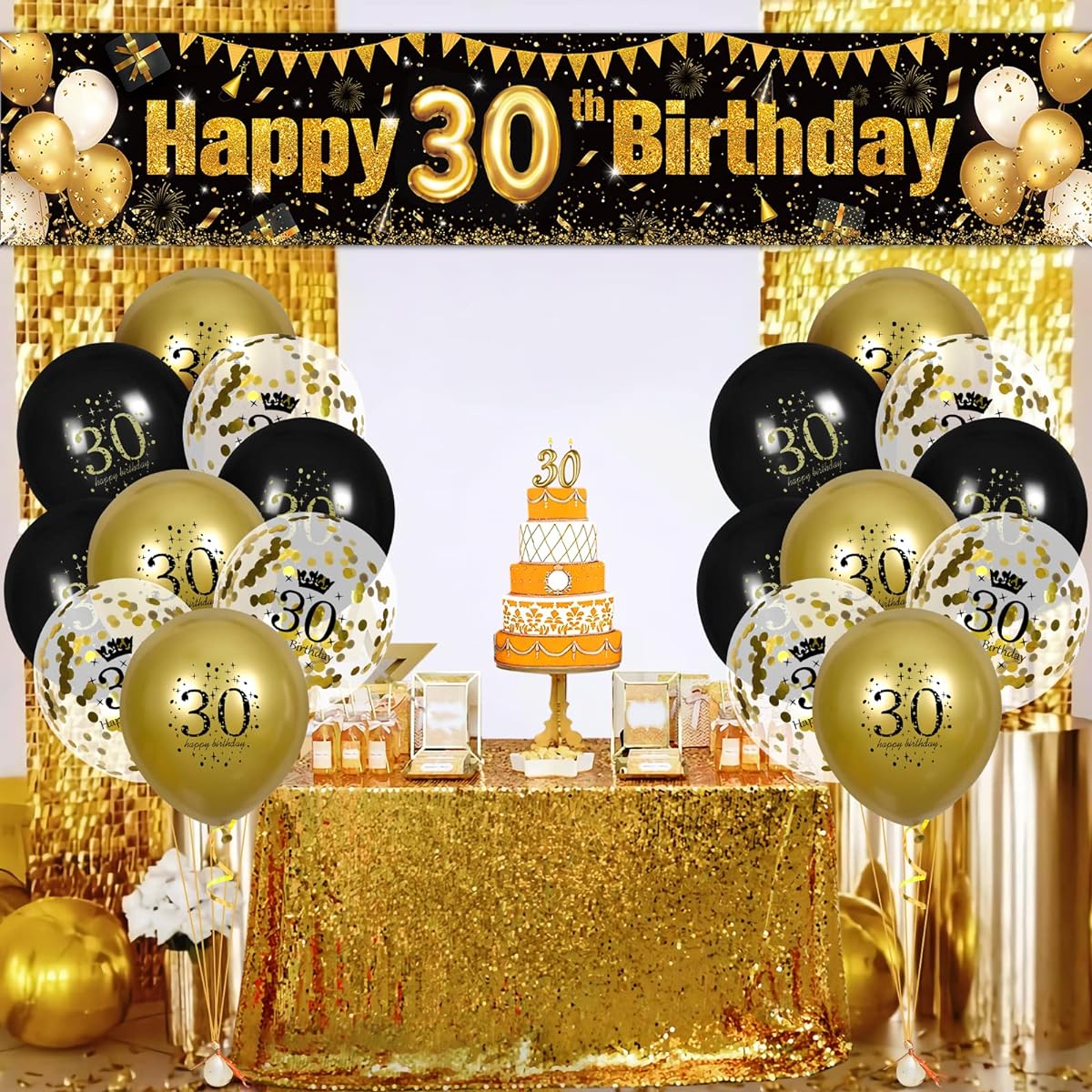 30th Birthday Decorations for Men and Women Black and Gold Black Gold Birthday Yard Banner Sign 18pcs 30th Happy Birthday Balloons 30th Anniversary Birthday Party Supplies Outdoor Yard Decor