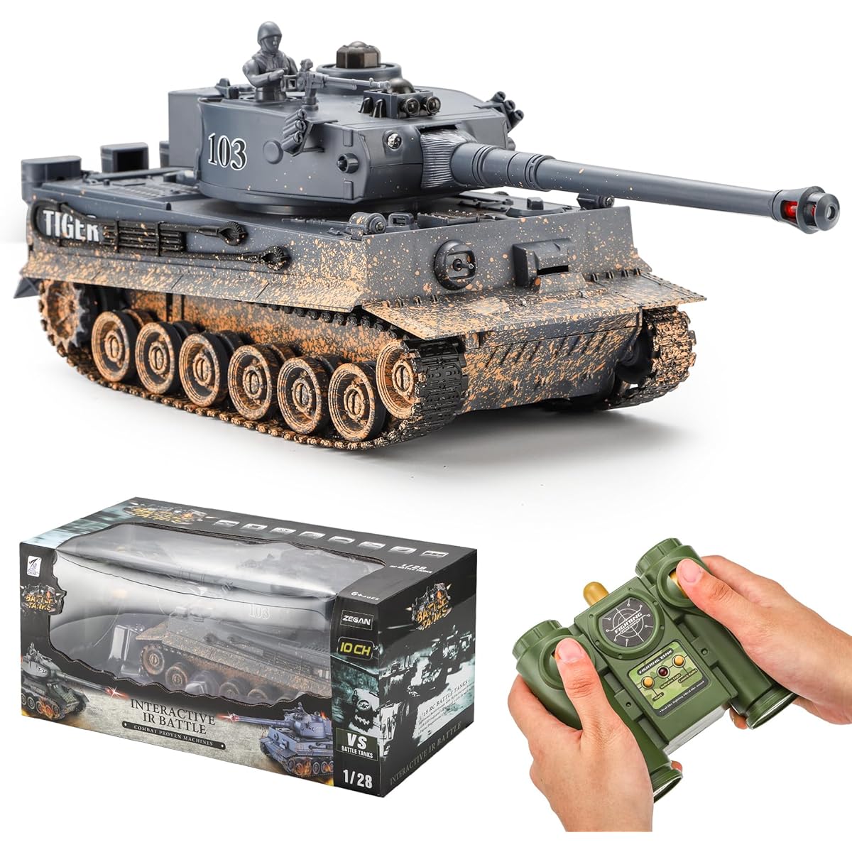 KIOMTRK 1:28 RC Tank Toys for Boys 9 Channel Remote Control Vehicle with Sound and Light RC Military Toys for Kids