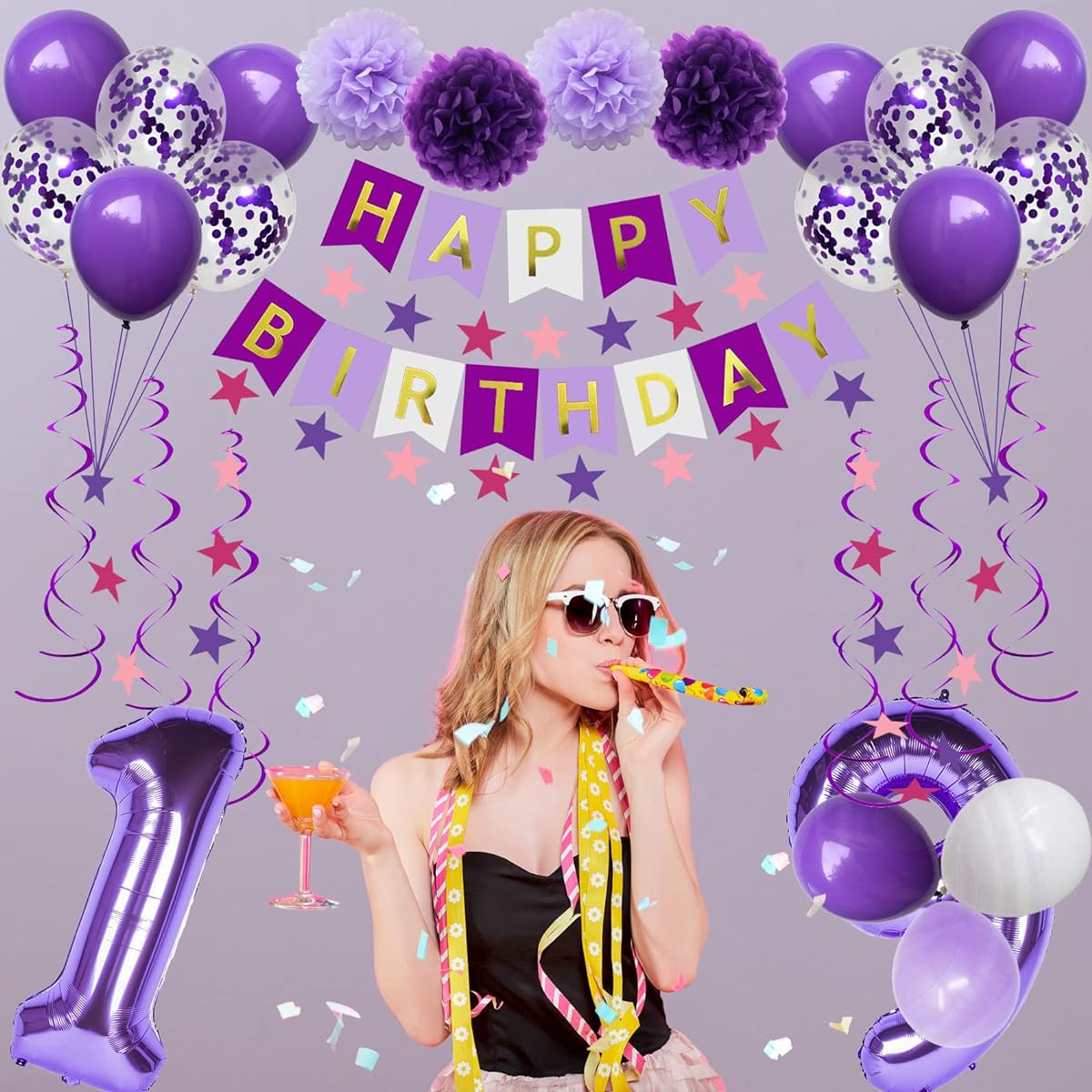 NANINUNENO 19th Birthday Decorations for Girls Purple 19th Birthday Balloons Purple with Happy Birthday Banner Purple 19 Number Balloons Purple Pink Star Streamers Hanging Swirls