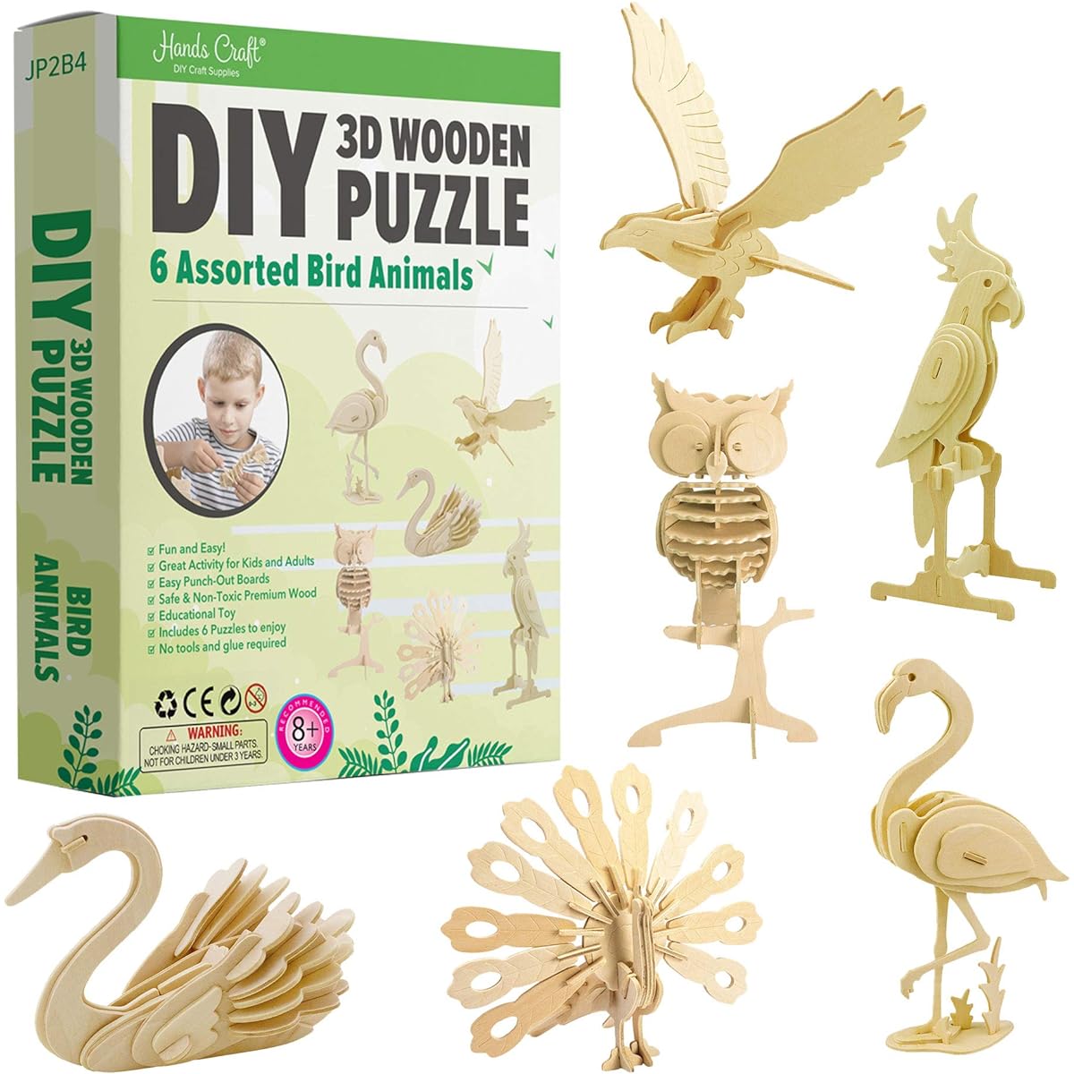 Hands Craft DIY 3D Wooden Puzzle - Set of 6 Assorted Birds Animals Bundle Pack Brain Teaser Puzzle Educational STEM Toys Safe Non-Toxic Easy Punch-Out Premium Wood for Adults and Kids to Assemble JP2B4