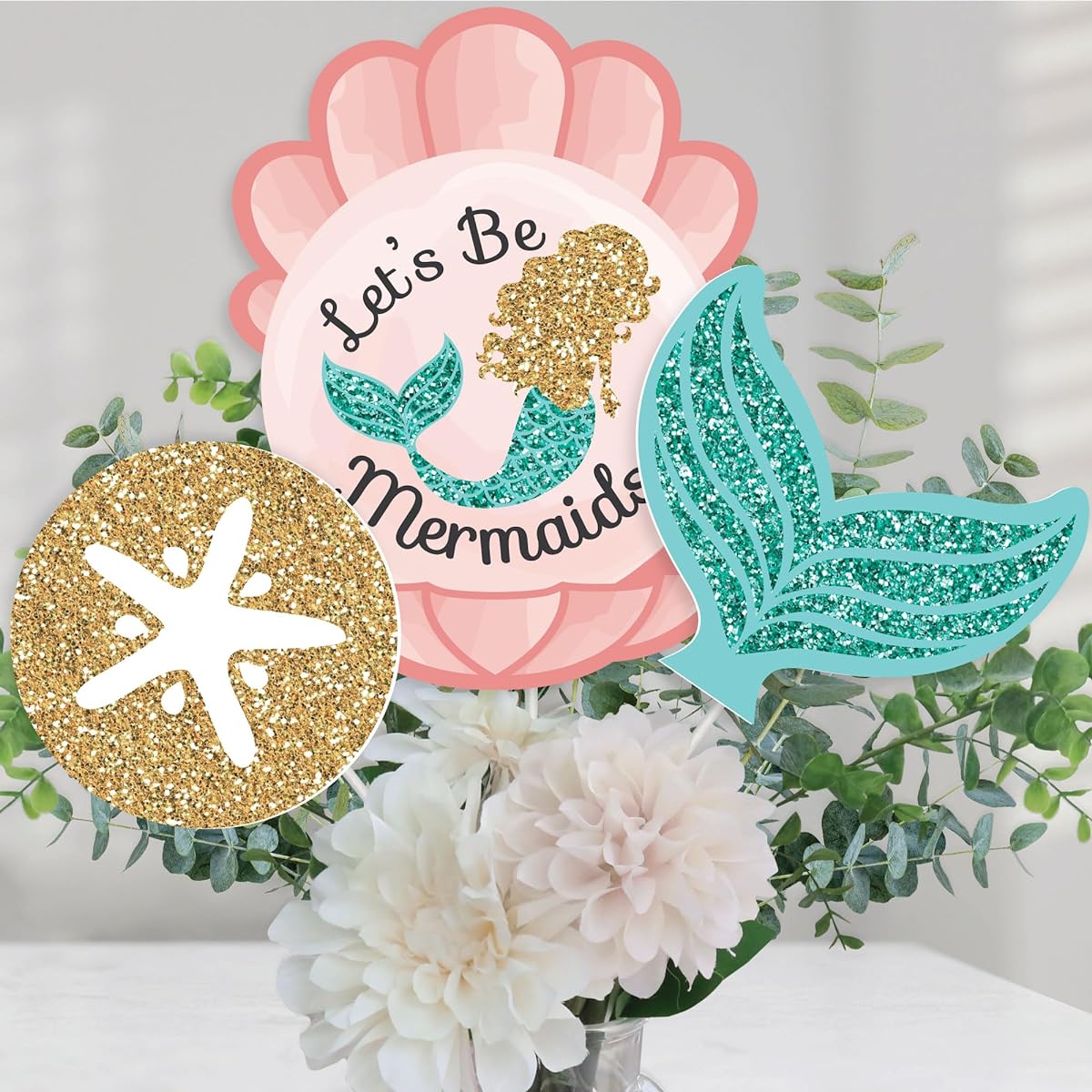 Let's Be Mermaids Baby Shower Birthday Party Centerpiece Sticks Table Toppers Set of 15