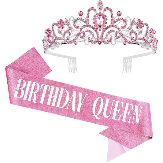 Araluky Pink Birthday Tiara and Sash for Women HAPPY Birthday Crown Comb Queen Sash Princess Crystal Headband Gift for Girls Women Fun Party Pink Polarized Light Lettering