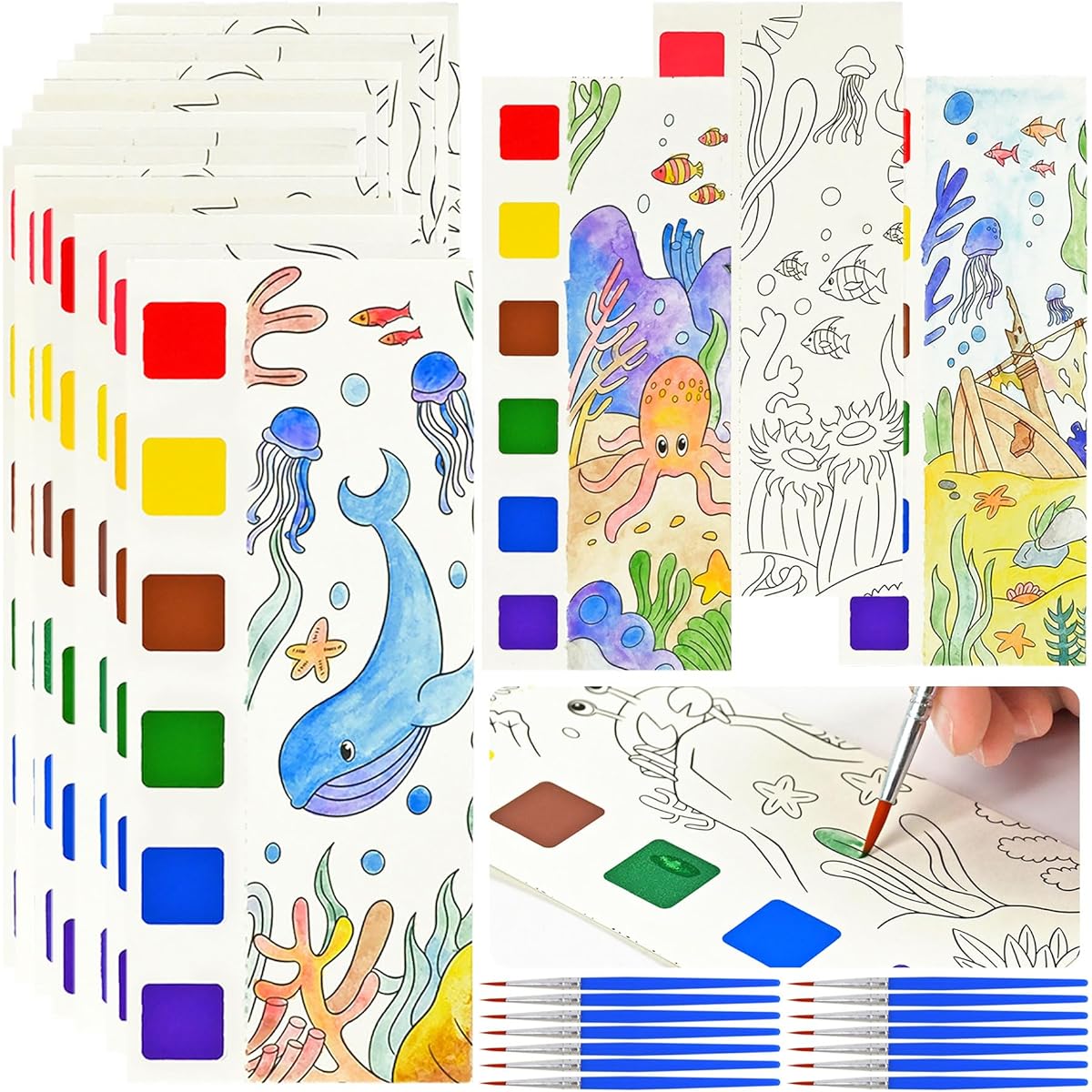 Vileafy Sea Animals Water Painting Book for Kids Ages 4-8 and Adults - Art Party Favors with 20 Pocket Watercolor Cards and 20 Mini Paintbrushes for Travel (Sea Animals)