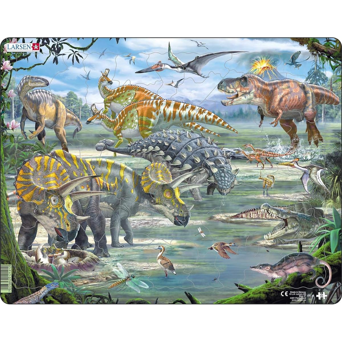 Larsen Puzzles Dinosaur Educational Jigsaw Puzzle - 65 Piece Tray & Frame Style Puzzle - Exclusive Premium Handmade Puzzle - Imported from Norway