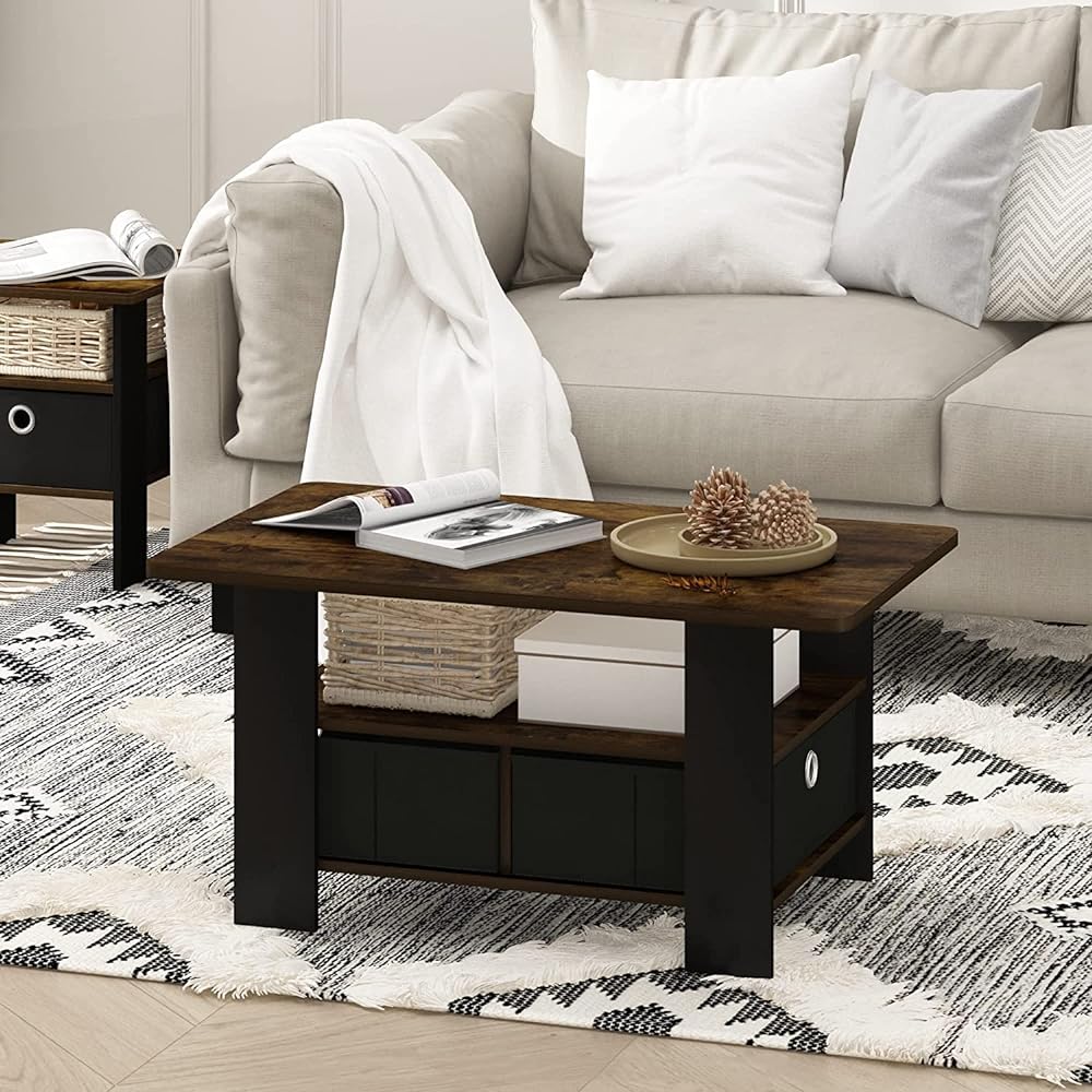 Furinno Living Table Andrey Amber Pine/Black with Drawer [Regular Japanese Import]