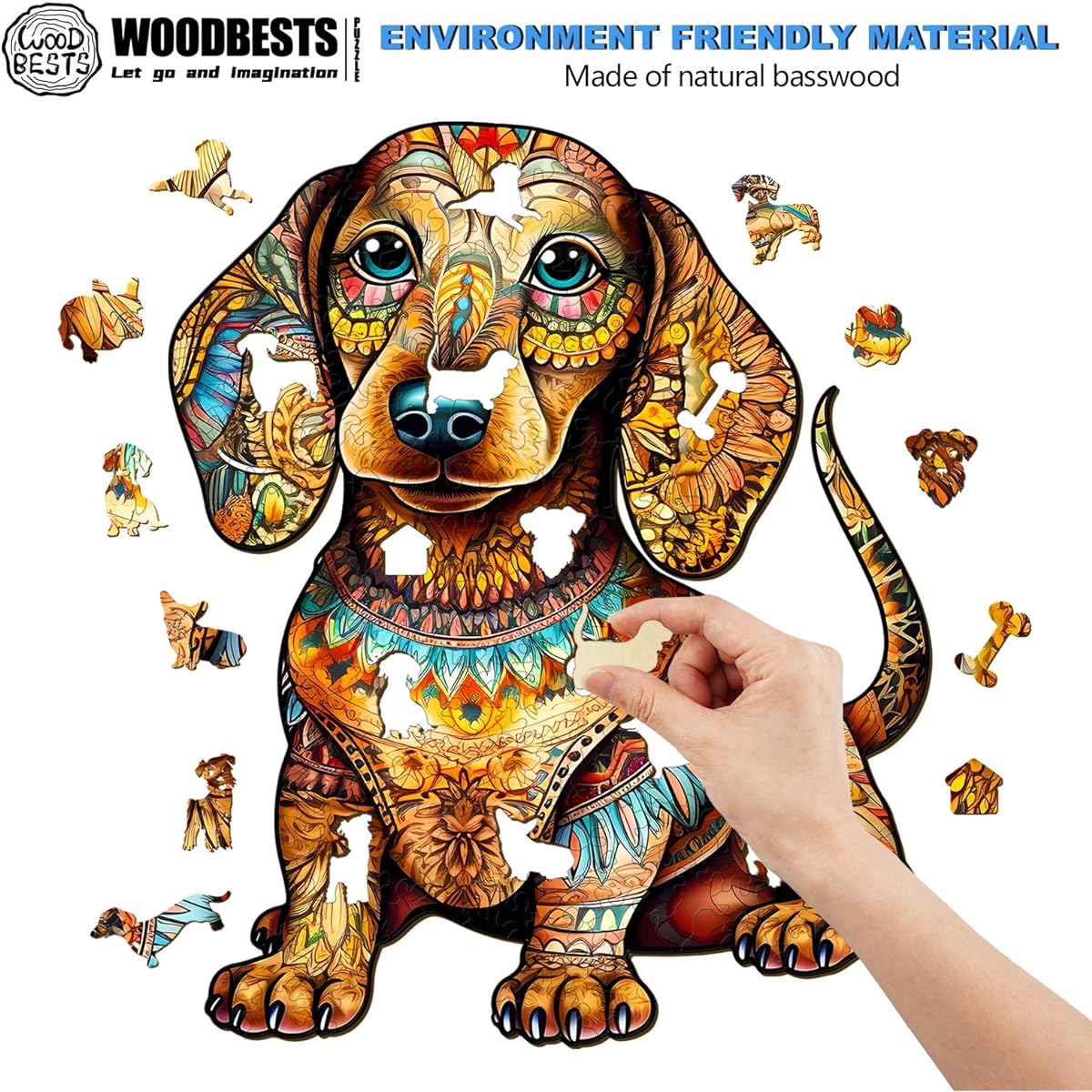 WOODBESTS Wooden Jigsaw Puzzle for Adults Dachshund Puzzle (M, 200 Pieces 11.8"x9.6") Beautiful Wooden Box Puzzle Wood Unique Shape Birthday Gift for Adults and Kids Family Game