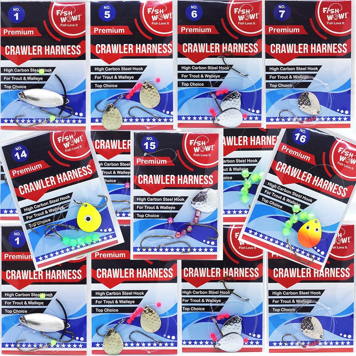 14 Pack Crawler Harness Walleye Spinner Rigs - 1-Hook, 2-Hook, 3-Hook