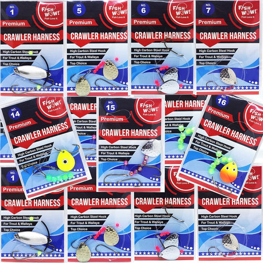 14 Pack Crawler Harness Walleye Spinner Rigs - 1-Hook, 2-Hook, 3-Hook
