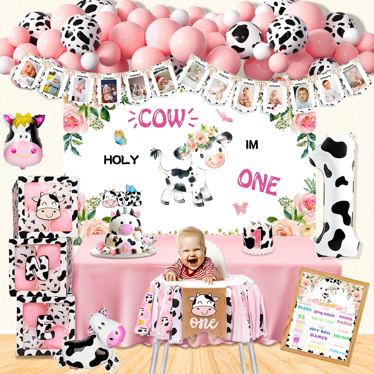 Holy Cow I'M One Birthday Decorations Supplies Cow Theme First Birthday Decorations for Girls Holy Cow Im One Backdrop Highchair Banner Cow Balloon Box 1st Birthday Girl Decorations