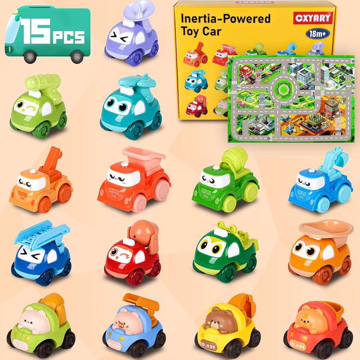 CXYARY 15pcs Baby Truck Car Toys with Traffic Map, Baby Toys for Boys 12 Months and Up, Birthday Gifts for Toddlers, Toys for Toddlers